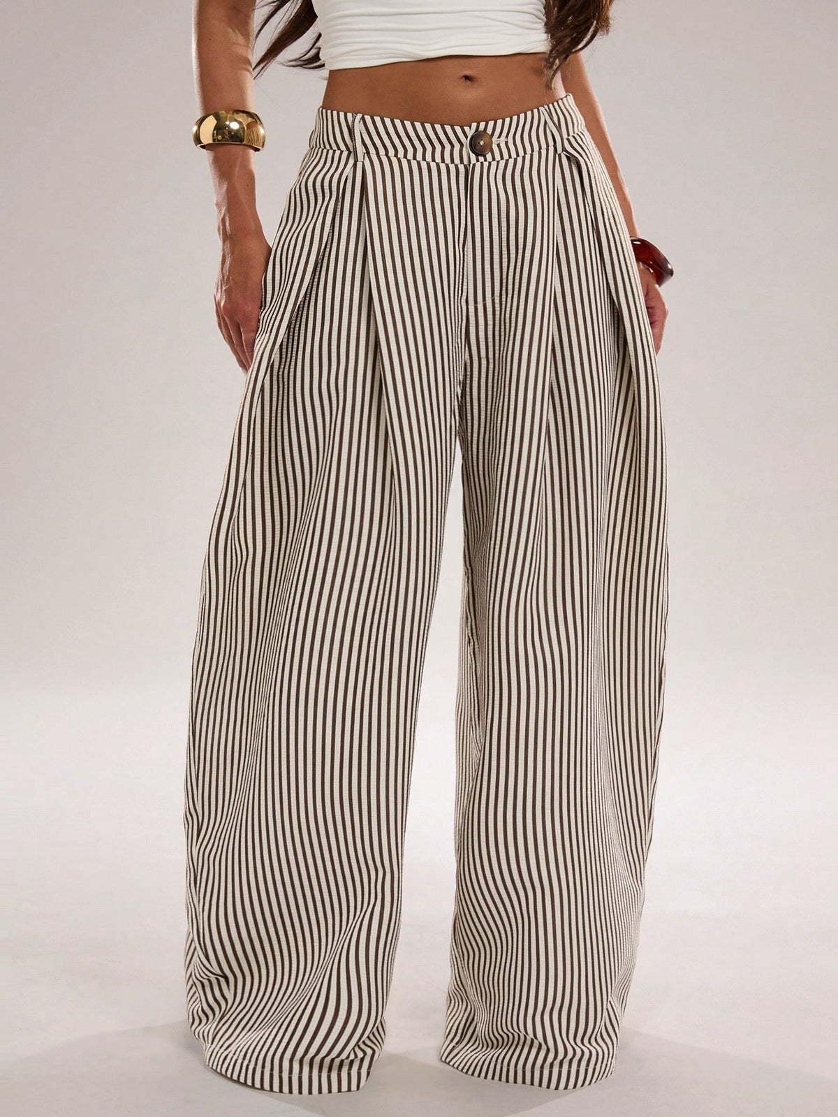 Pinstripe Pleated Front Oversized Wide Leg Pants - Apricot - 1