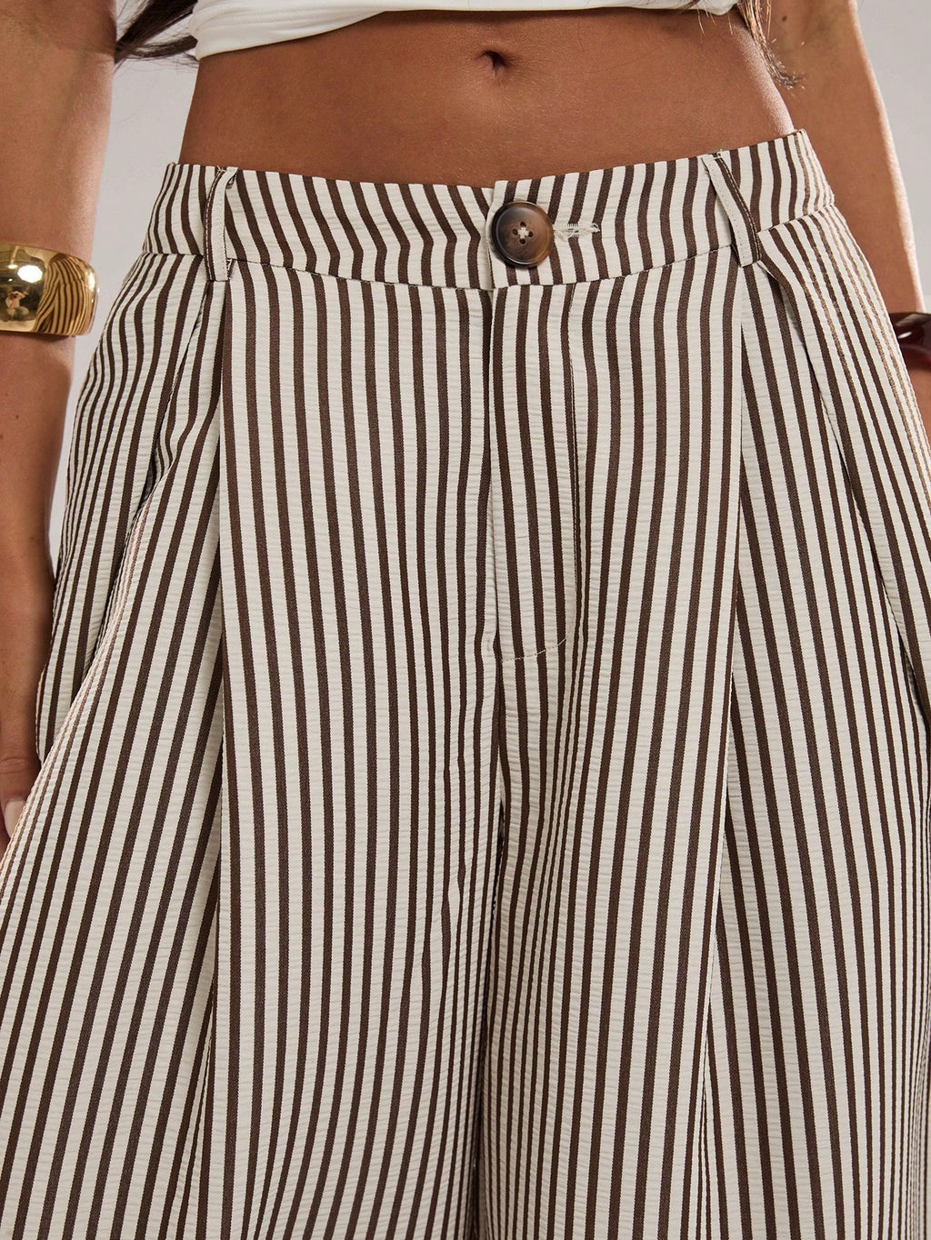Pinstripe Pleated Front Oversized Wide Leg Pants - Apricot - 2