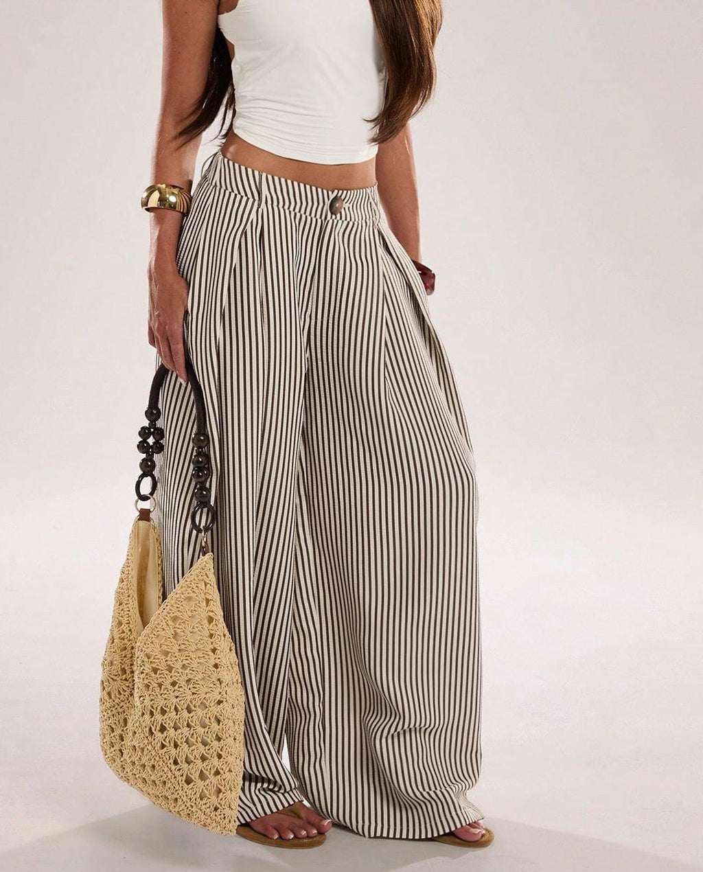Pinstripe Pleated Front Oversized Wide Leg Pants - Apricot - 3