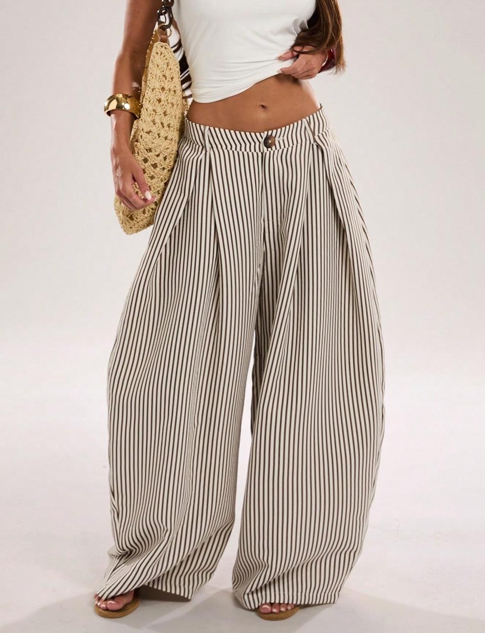 Pinstripe Pleated Front Oversized Wide Leg Pants - Apricot - 4