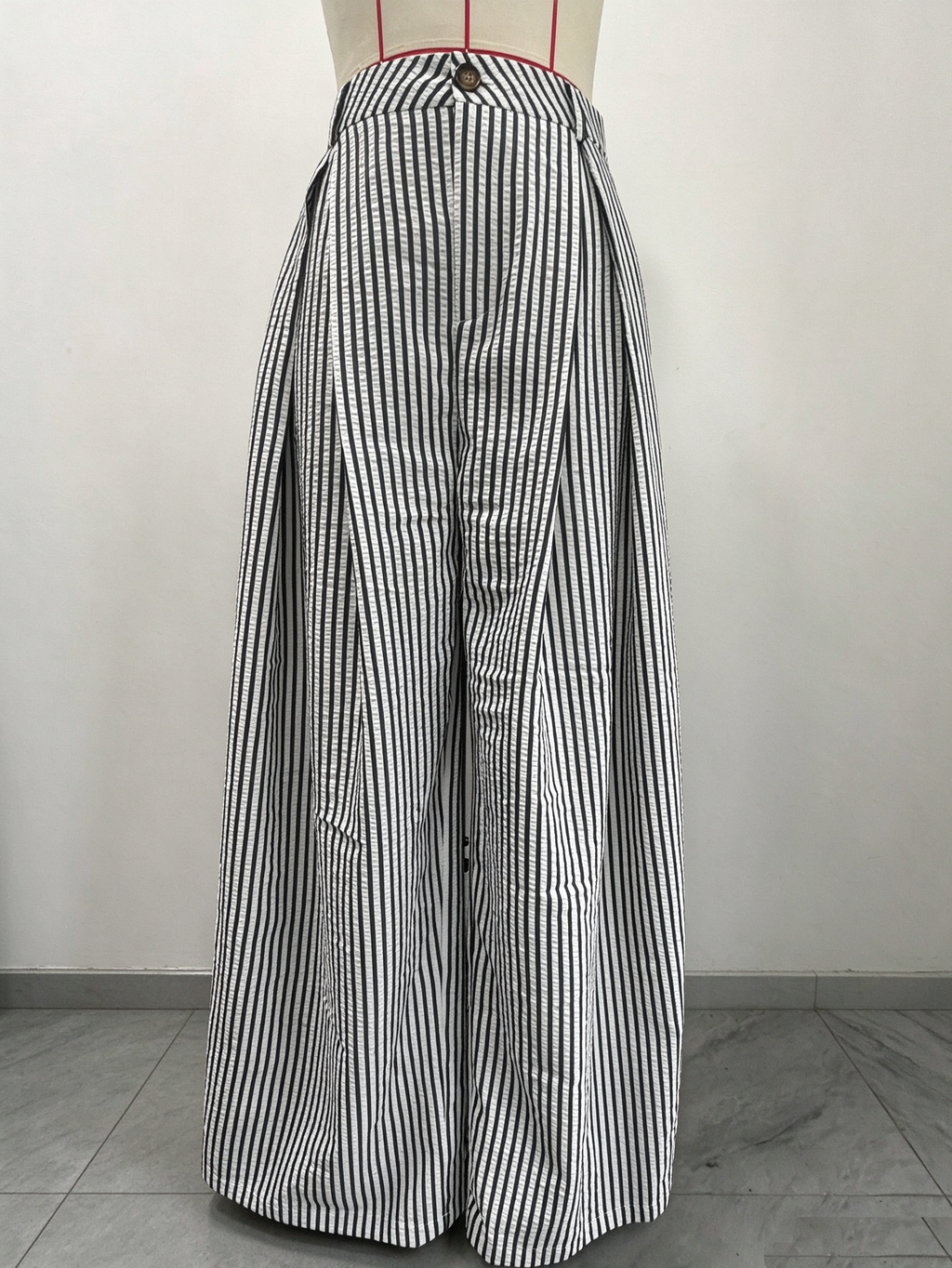 Pinstripe Pleated Front Oversized Wide Leg Pants - Black