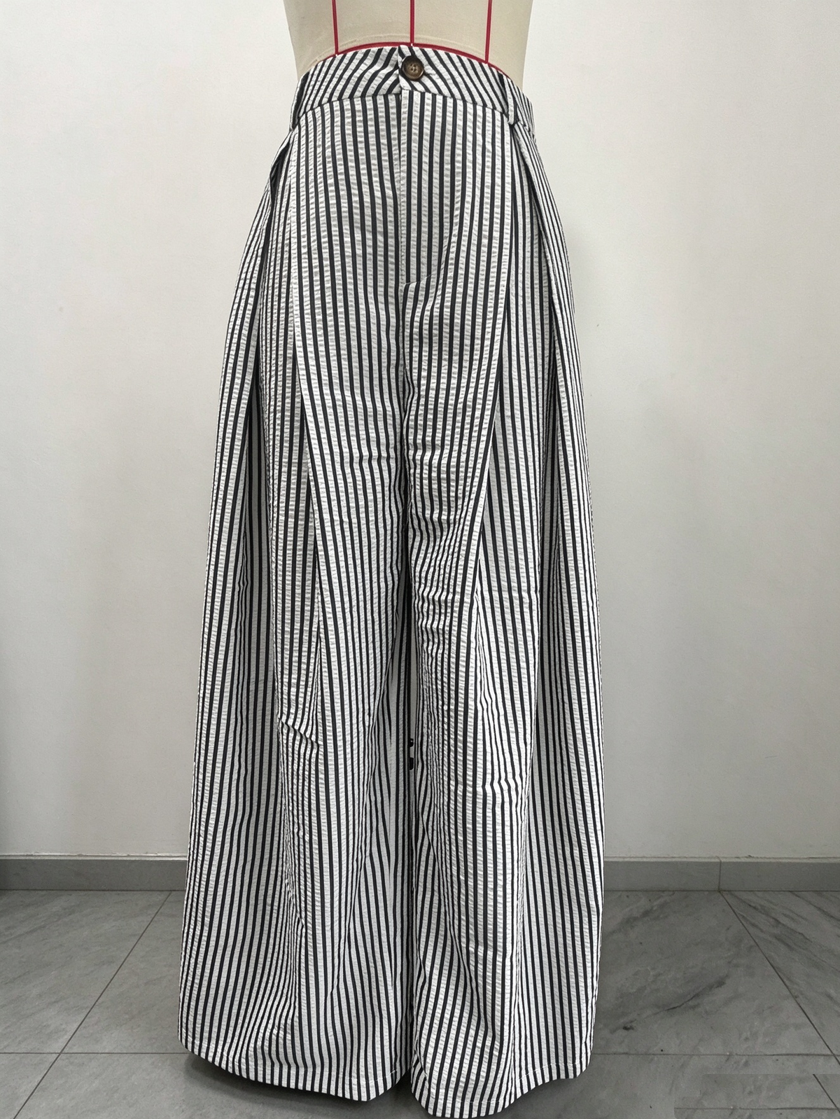 Pinstripe Pleated Front Oversized Wide Leg Pants - Black