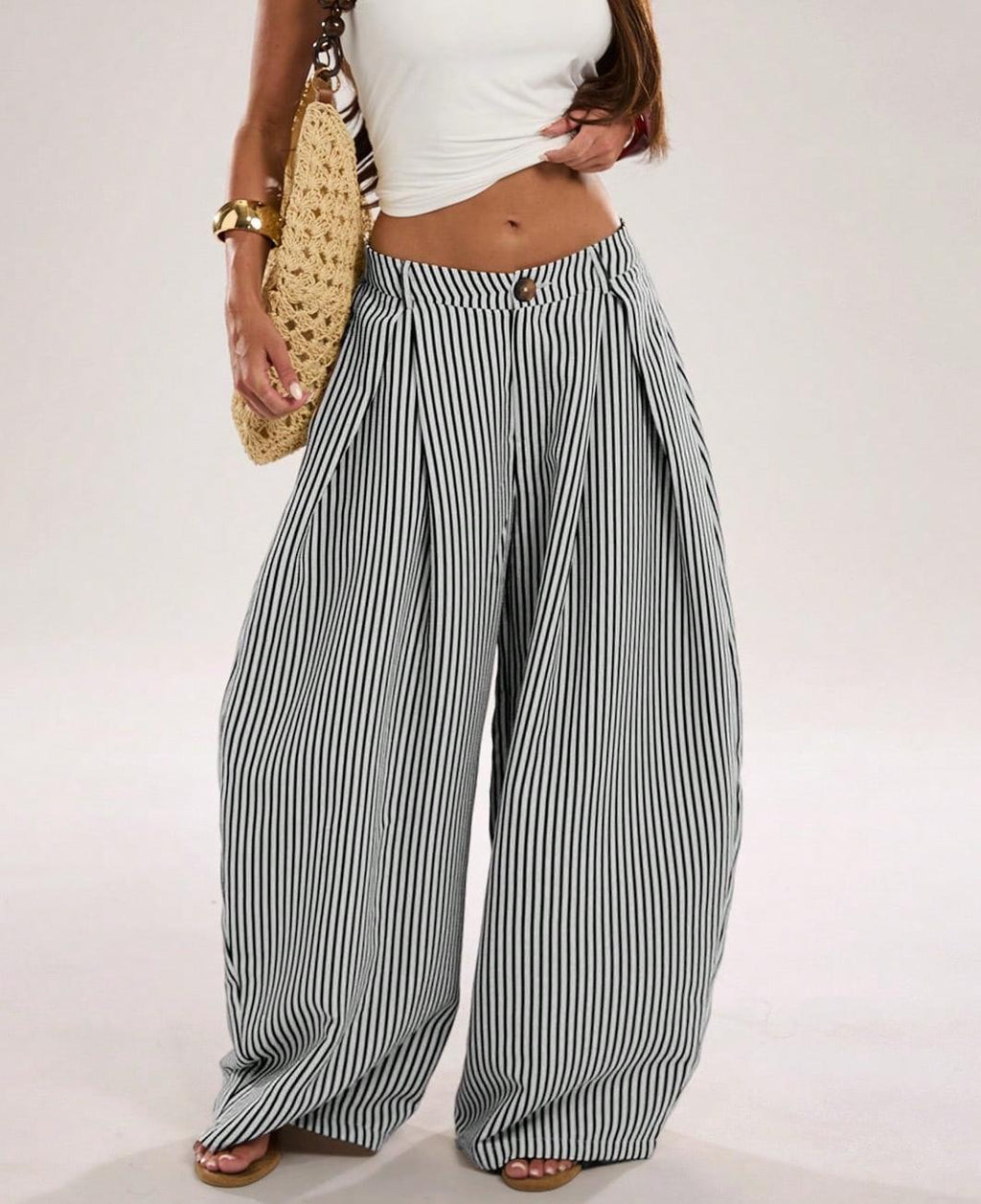 Pinstripe Pleated Front Oversized Wide Leg Pants - Black - 1