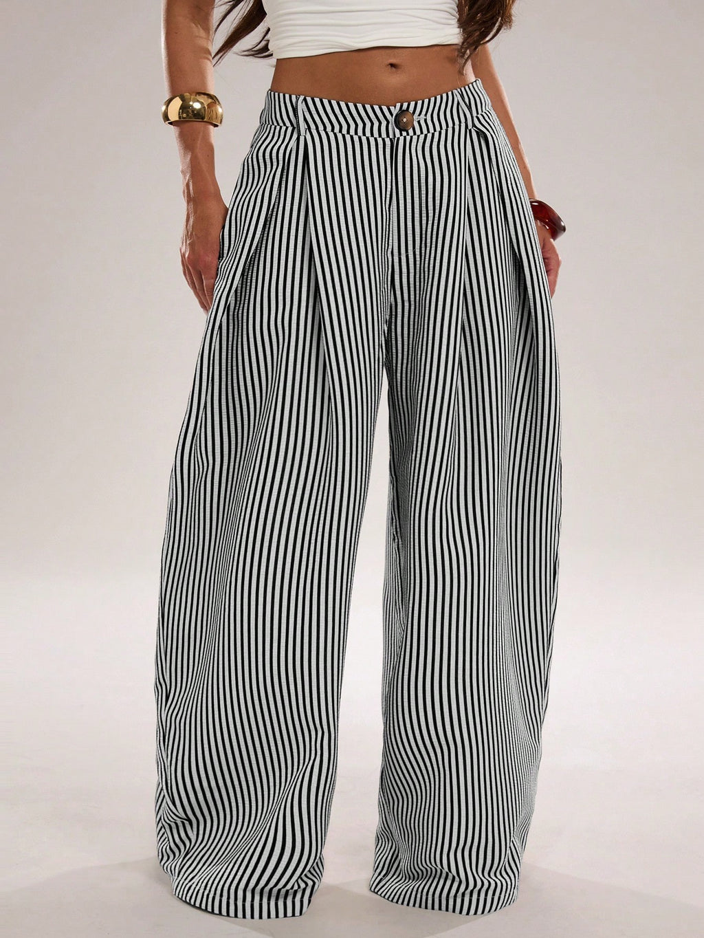 Pinstripe Pleated Front Oversized Wide Leg Pants - Black - 3