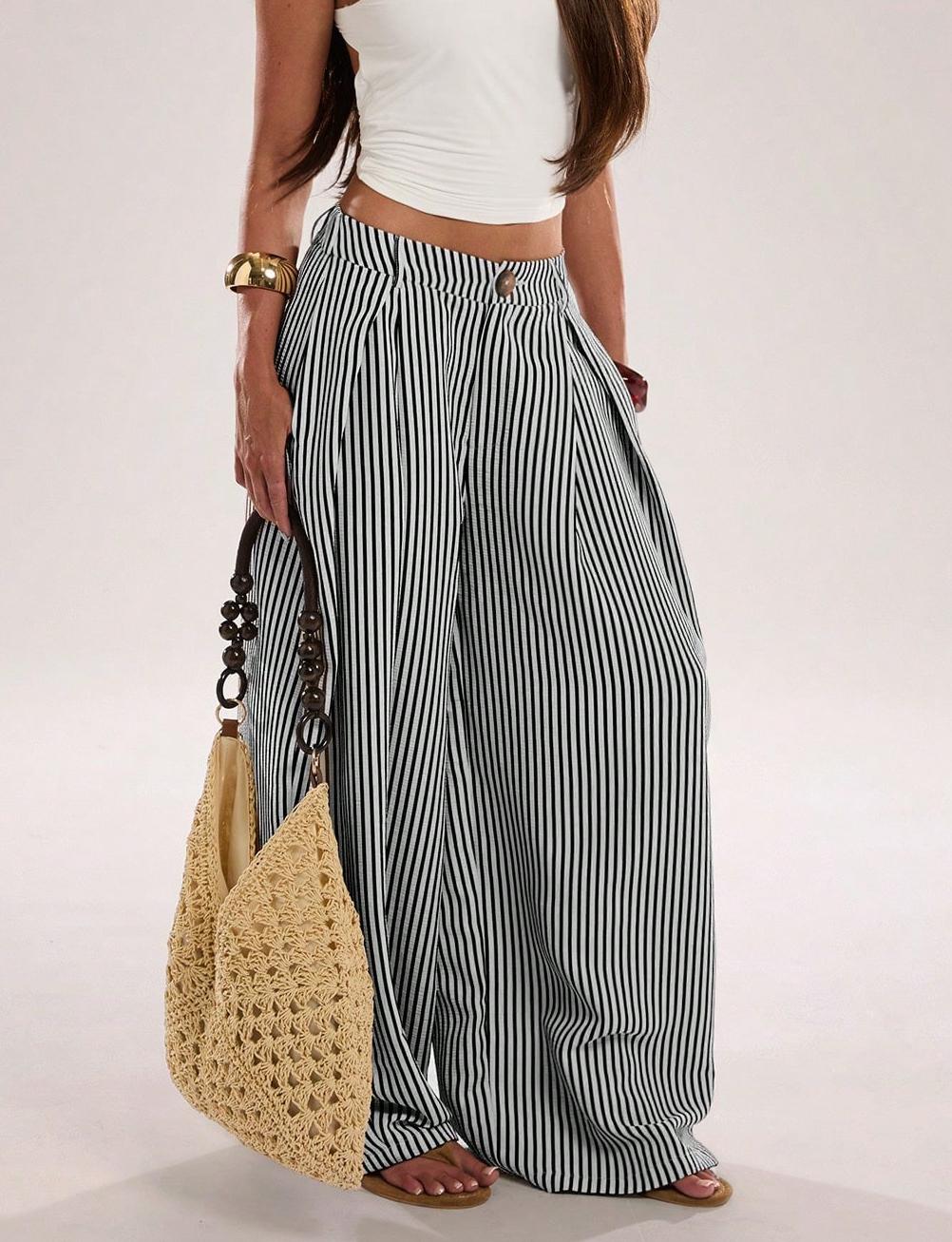 Pinstripe Pleated Front Oversized Wide Leg Pants - Black - 6