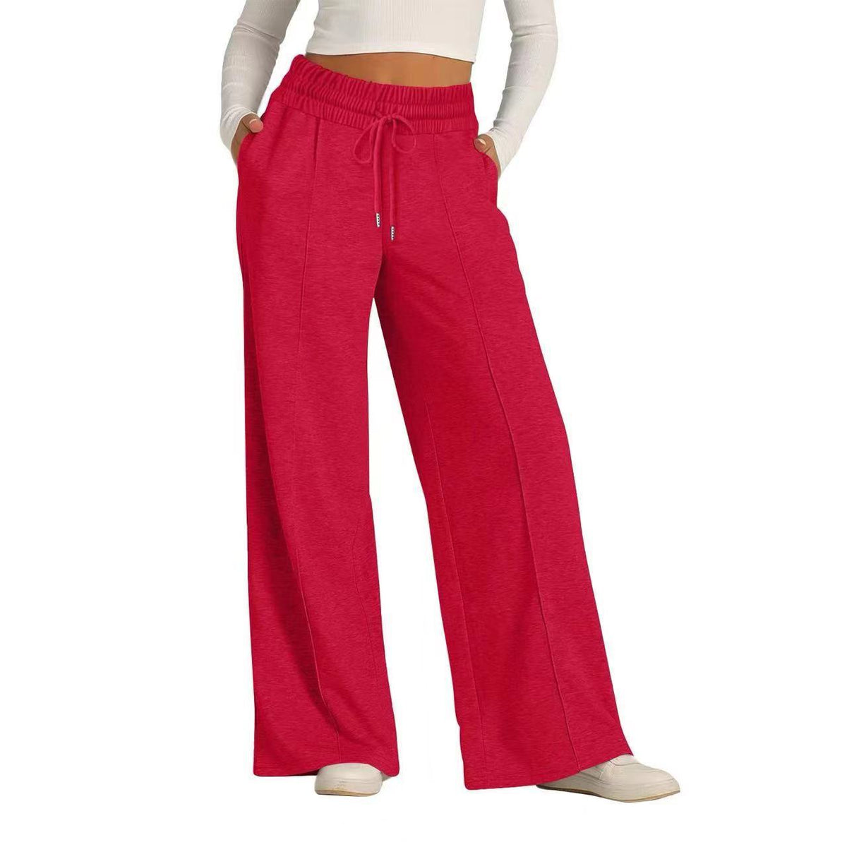 Ribbed Knit Wide Leg Drawstring Pants - Red