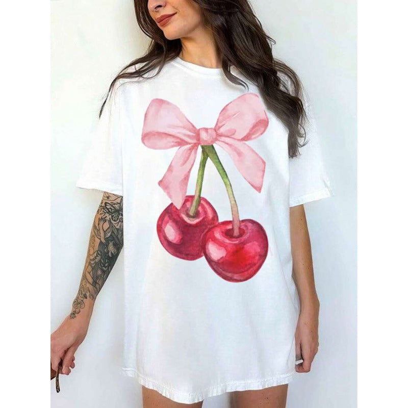 Bow And Cherry Print Oversized T Shirt - Cherry