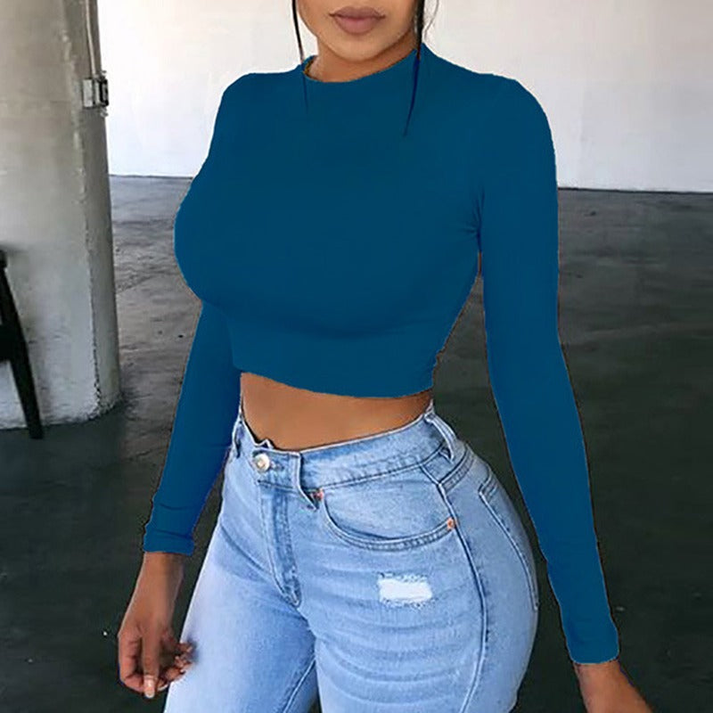 Fitted Crew Neck Long Sleeve Cropped Workout Top