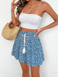 Ditsy Floral Tassel Drawstring Tiered Mini Skirt - Blue