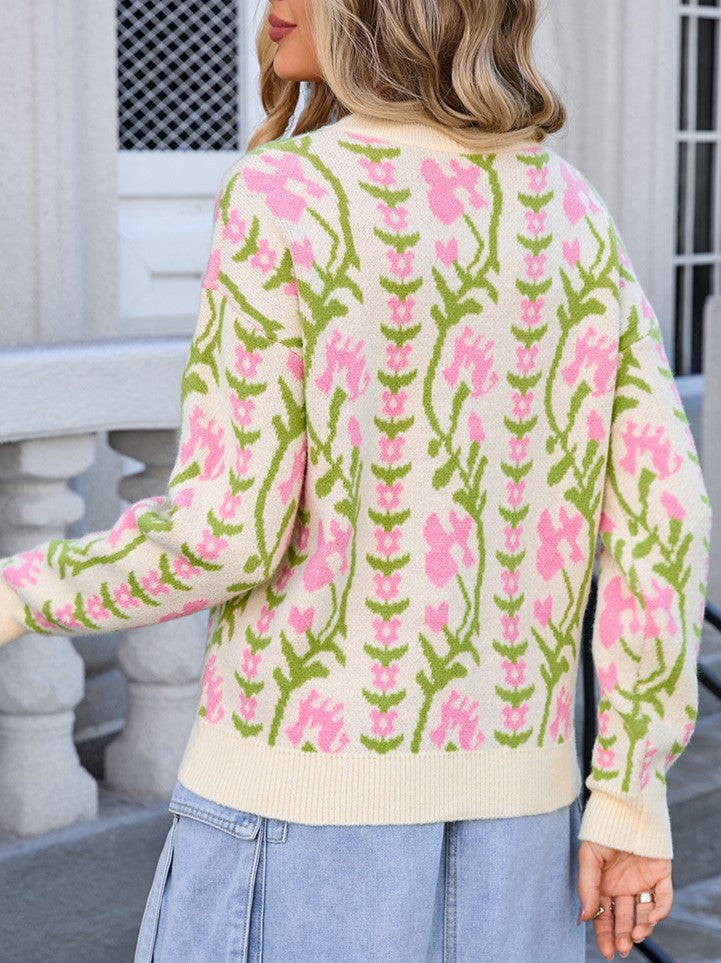 Trailing Floral Vine Knit Pullover Sweater - Apricot