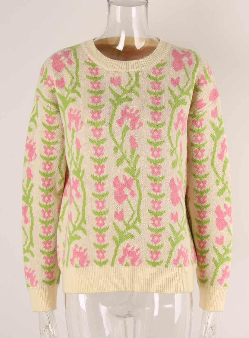Trailing Floral Vine Knit Pullover Sweater - Apricot - 1