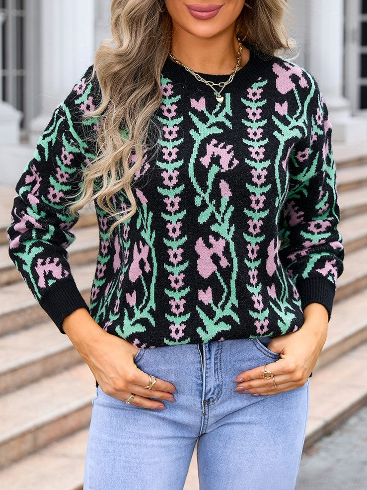 Trailing Floral Vine Knit Pullover Sweater - Black - 1