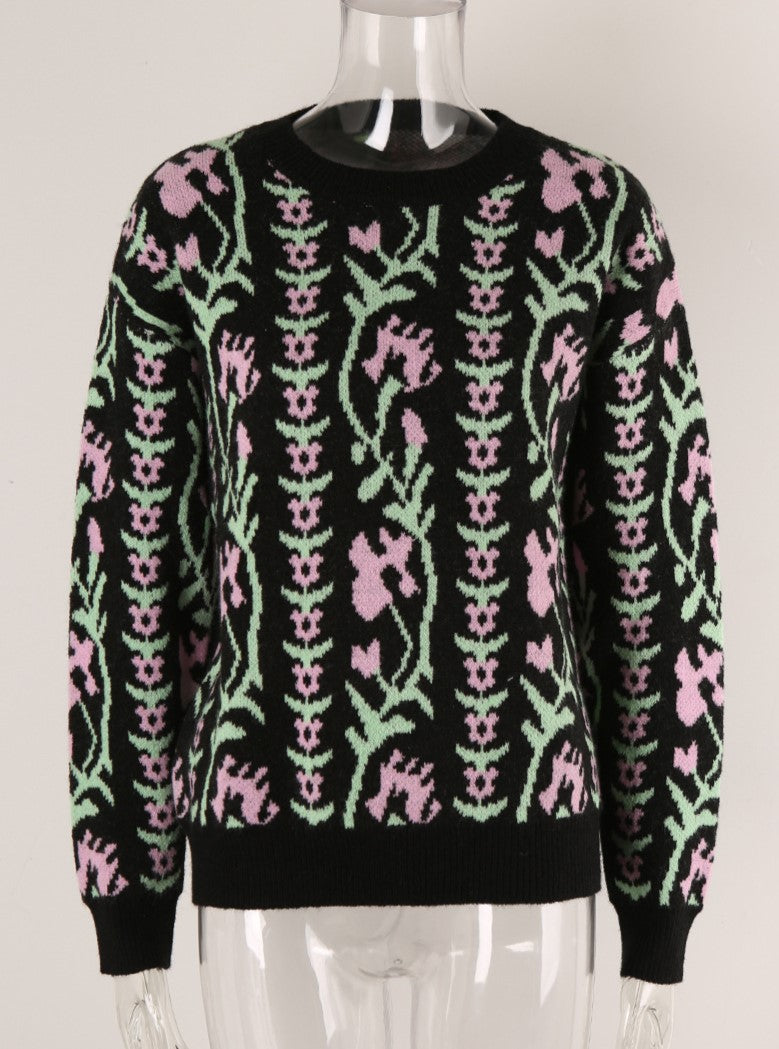 Trailing Floral Vine Knit Pullover Sweater - Black - 2