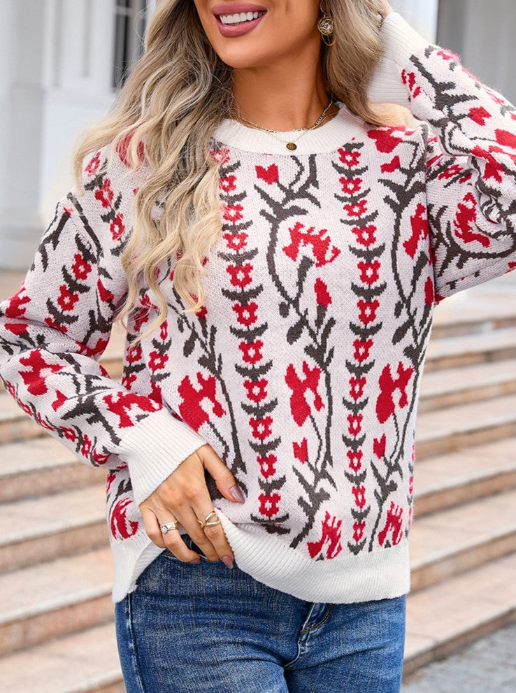 Trailing Floral Vine Knit Pullover Sweater - Red