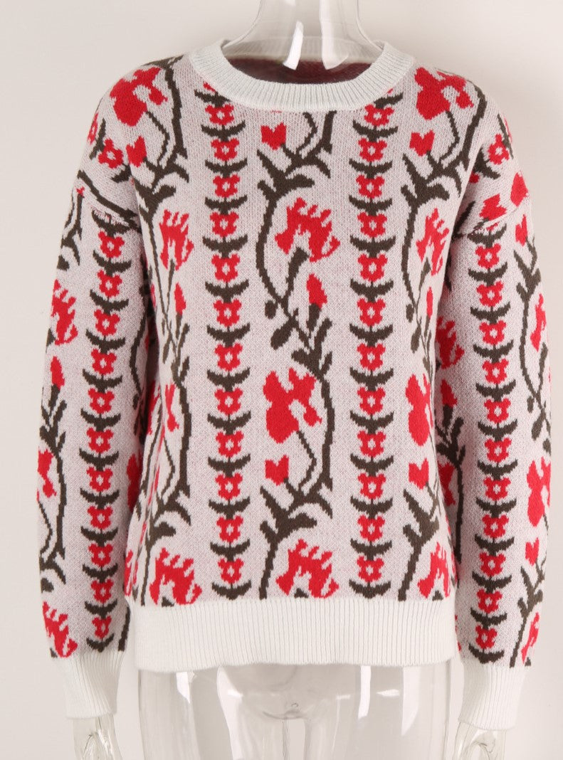 Trailing Floral Vine Knit Pullover Sweater - Red - 2