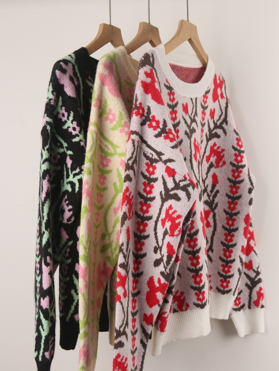 Trailing Floral Vine Knit Pullover Sweater - Red - 3