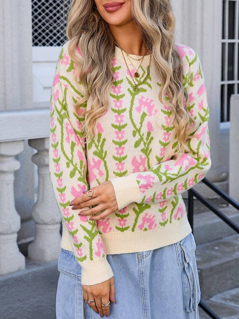 Trailing Floral Vine Knit Pullover Sweater