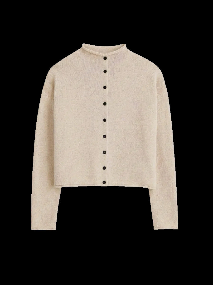Cropped Mock Neck Button Knit Cardigan - Beige