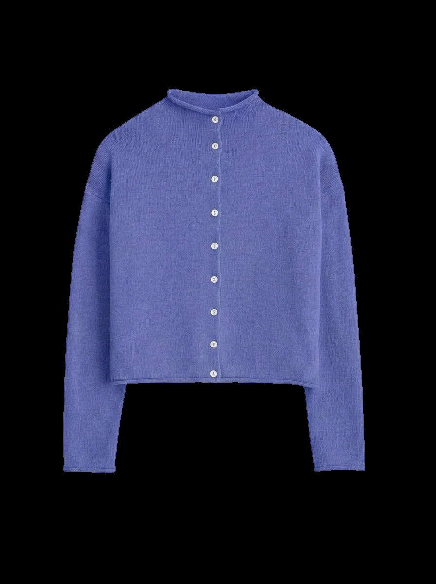 Cropped Mock Neck Button Knit Cardigan - Blue - 1
