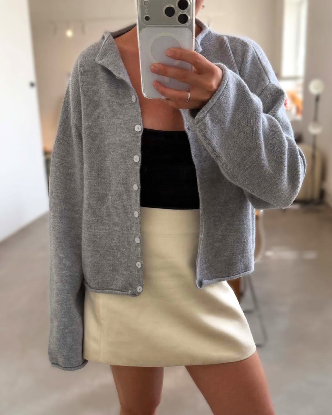 Cropped Mock Neck Button Knit Cardigan - Grey