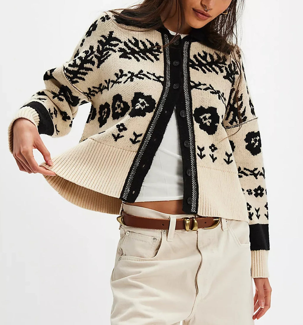 Floral Jacquard Western Ribbed Knit Cardigan - Apricot