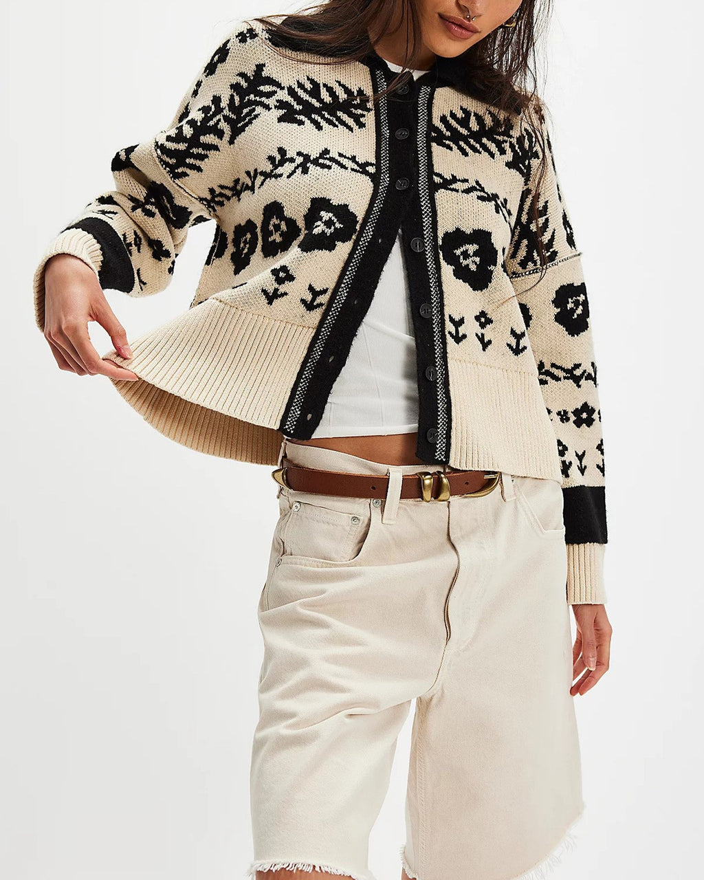 Floral Jacquard Western Ribbed Knit Cardigan - Apricot - 1