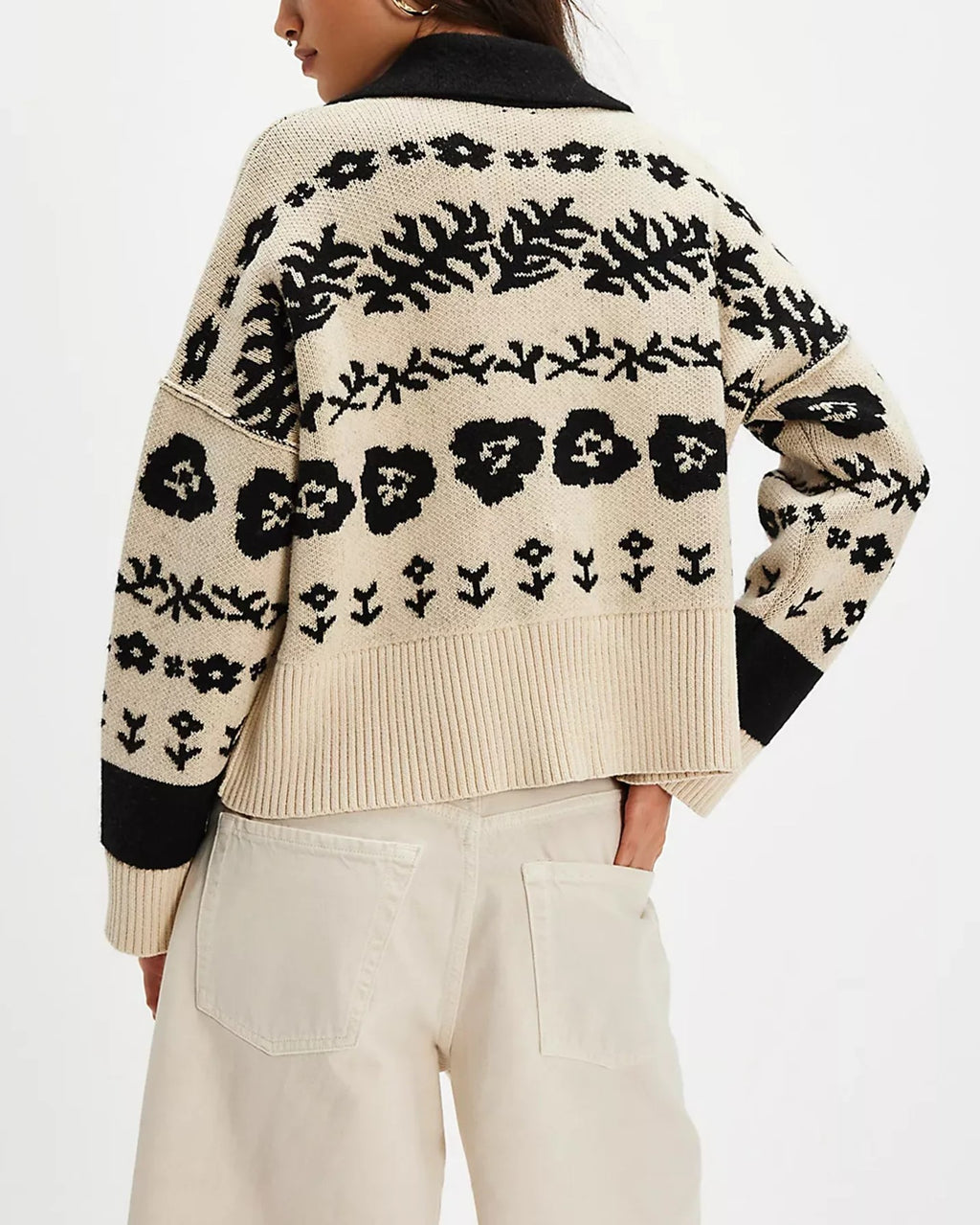 Floral Jacquard Western Ribbed Knit Cardigan - Apricot - 2