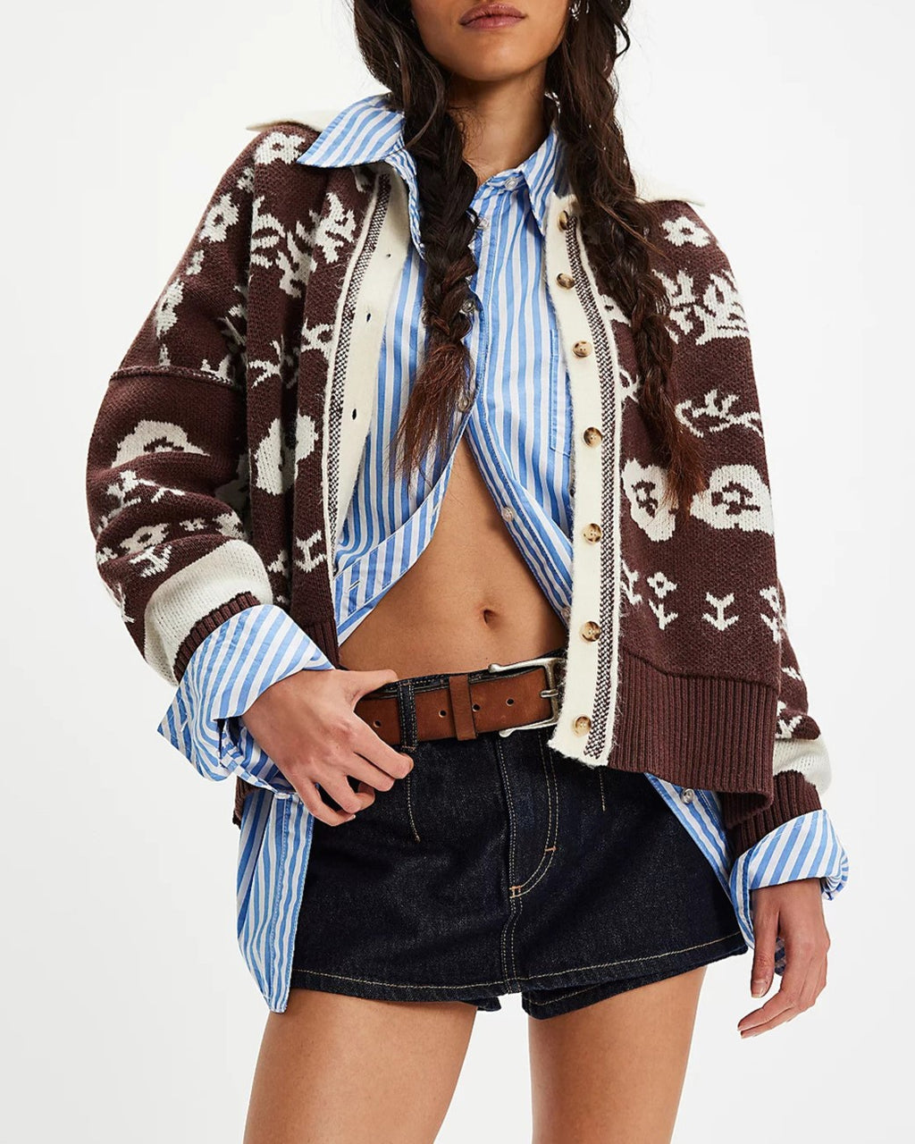 Floral Jacquard Western Ribbed Knit Cardigan - Coffee