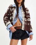 Floral Jacquard Western Ribbed Knit Cardigan - Coffee