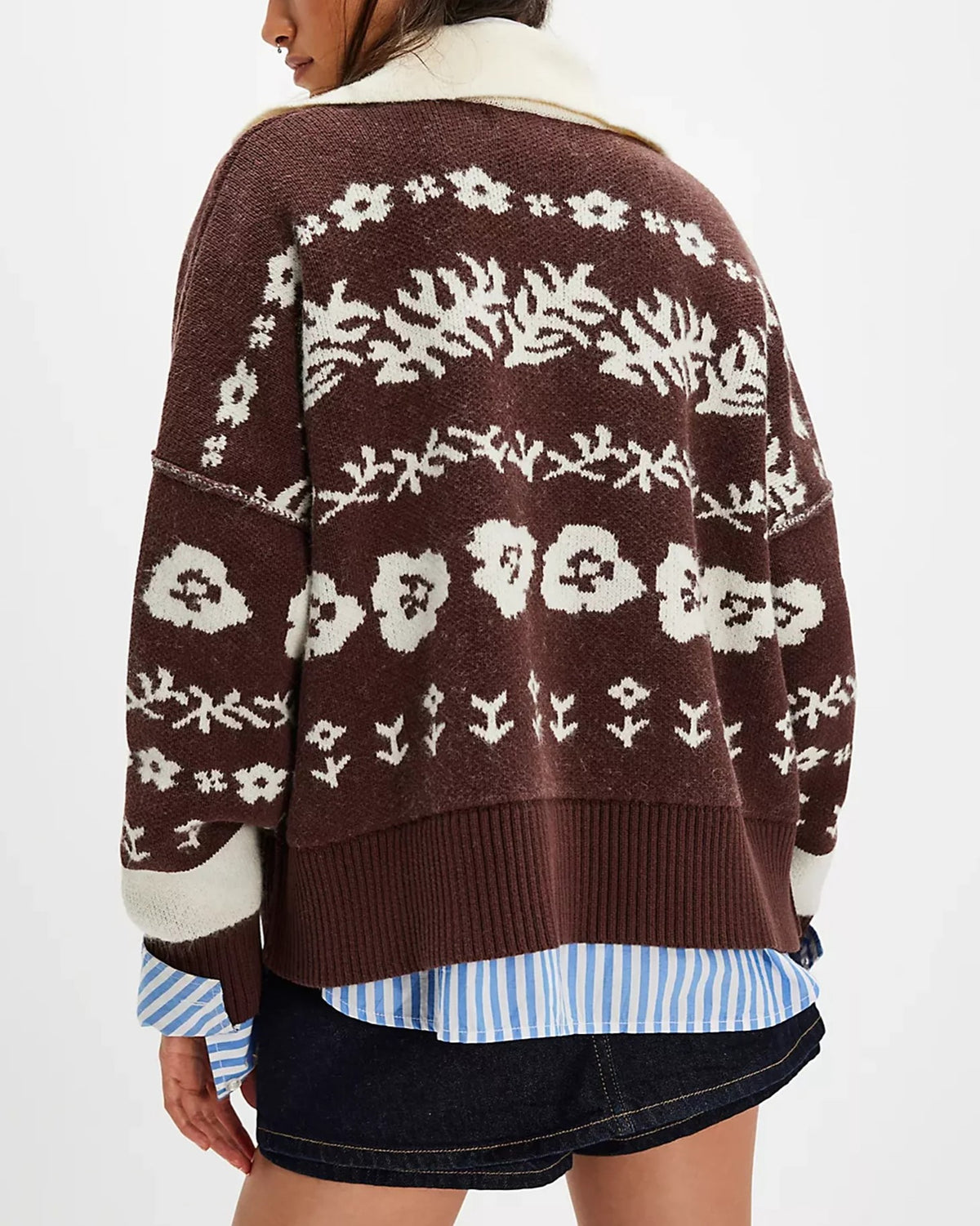 Floral Jacquard Western Ribbed Knit Cardigan - Coffee - 1
