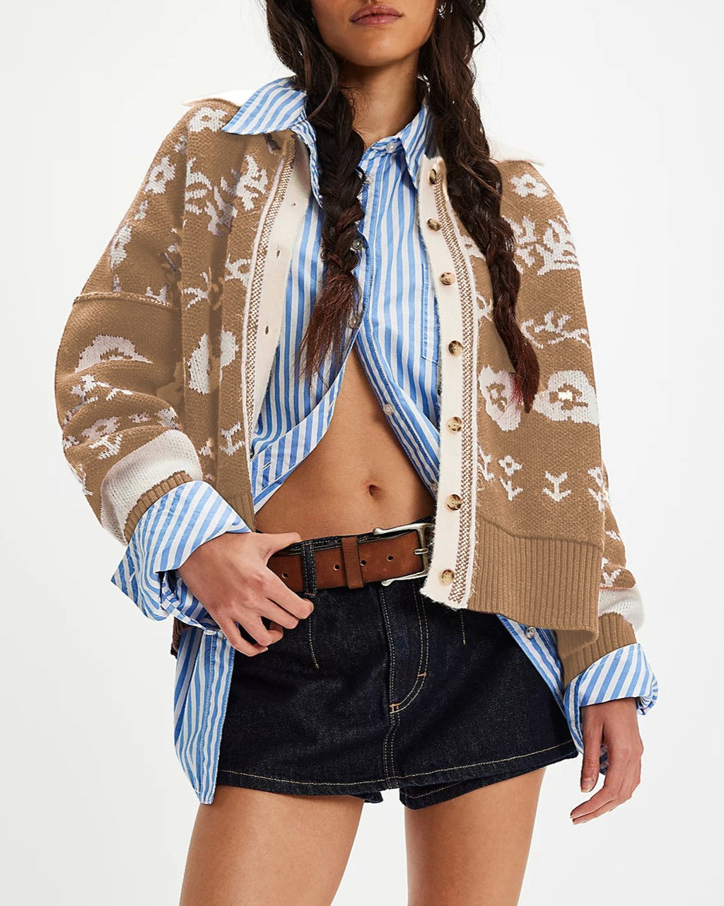 Floral Jacquard Western Ribbed Knit Cardigan - Khaki