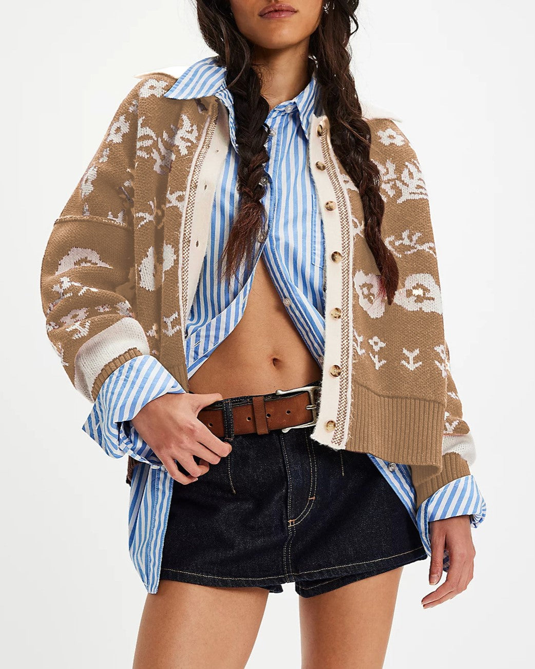 Floral Jacquard Western Ribbed Knit Cardigan - Khaki
