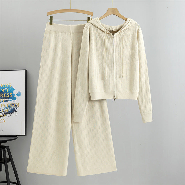 Rhinestone Trim Zip Hoodie And Wide Leg Set - Beige