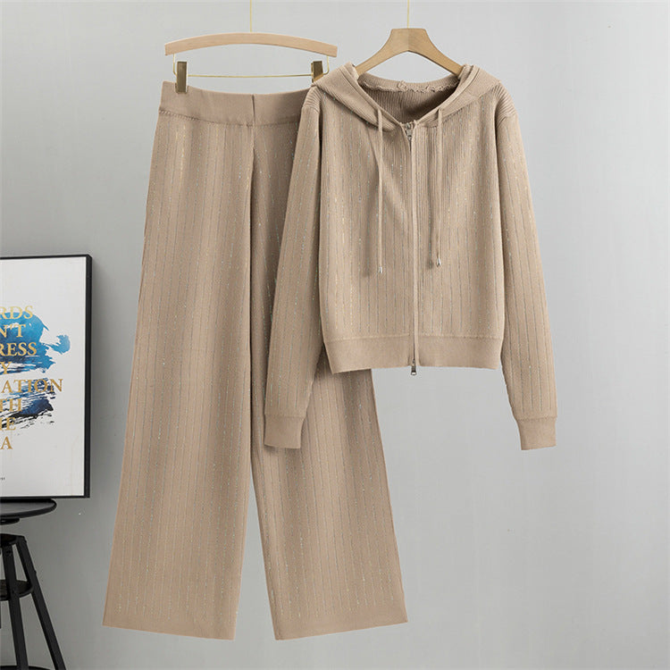 Rhinestone Trim Zip Hoodie And Wide Leg Set - Tan