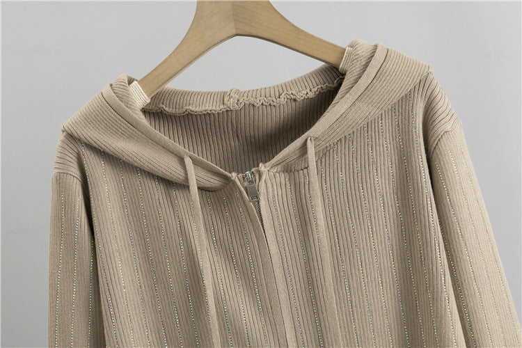 Rhinestone Trim Zip Hoodie And Wide Leg Set - Tan - 2