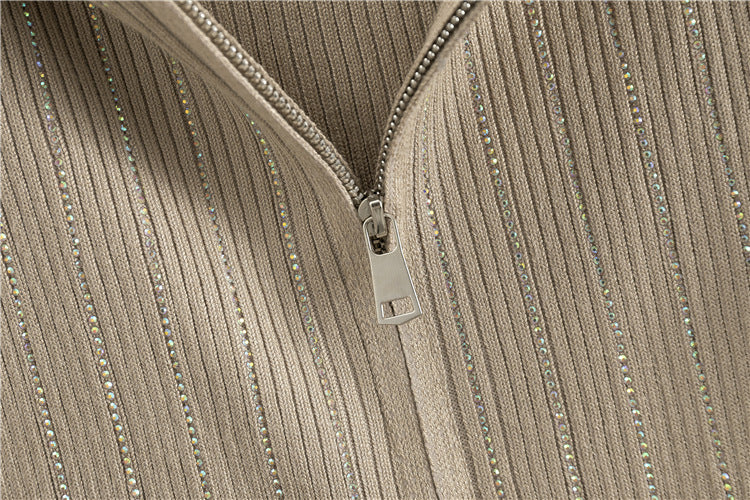 Rhinestone Trim Zip Hoodie And Wide Leg Set - Tan - 3