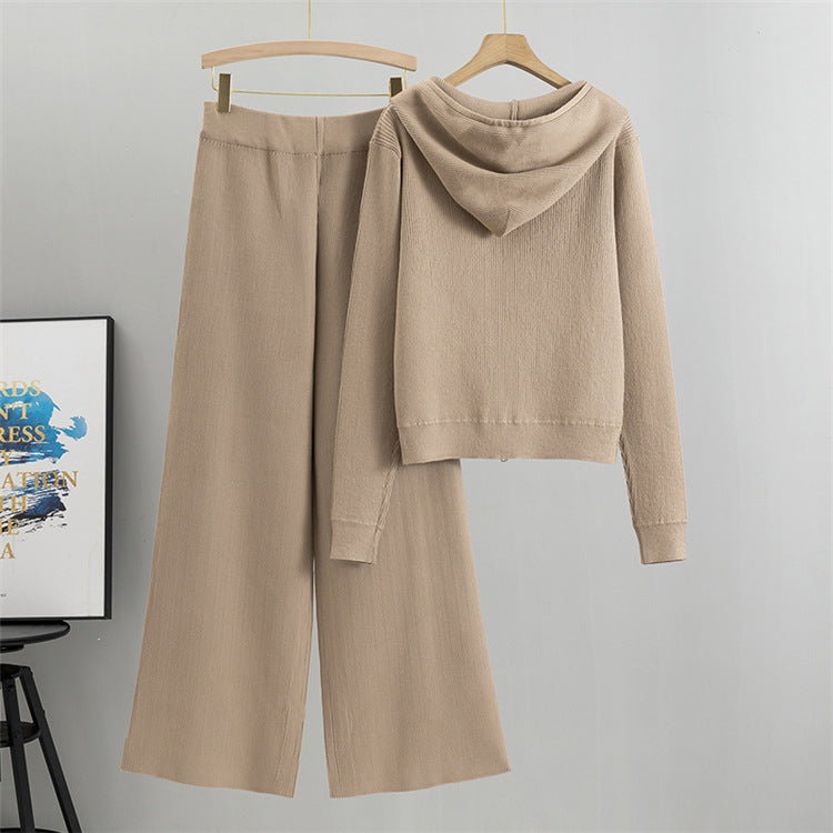 Rhinestone Trim Zip Hoodie And Wide Leg Set - Tan - 4