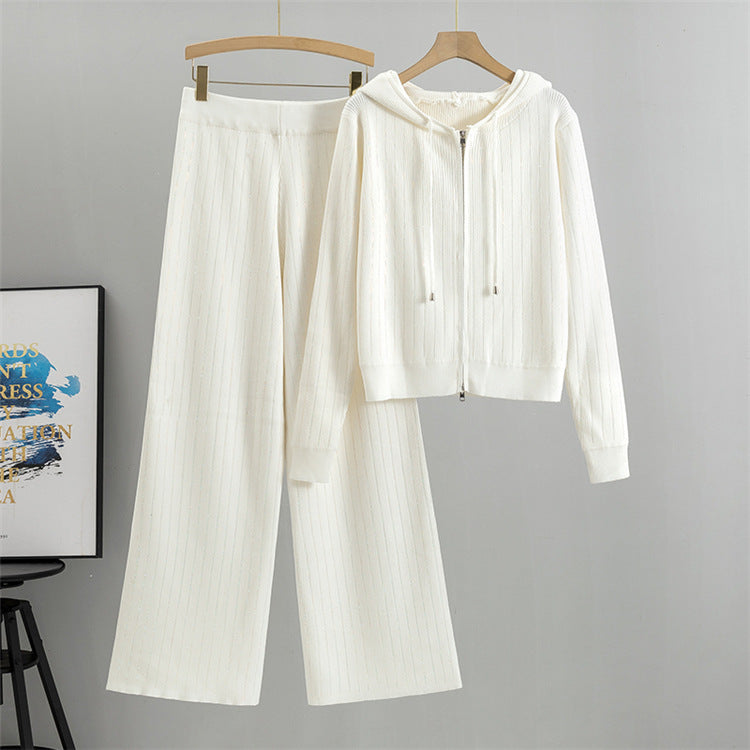 Rhinestone Trim Zip Hoodie And Wide Leg Set - White