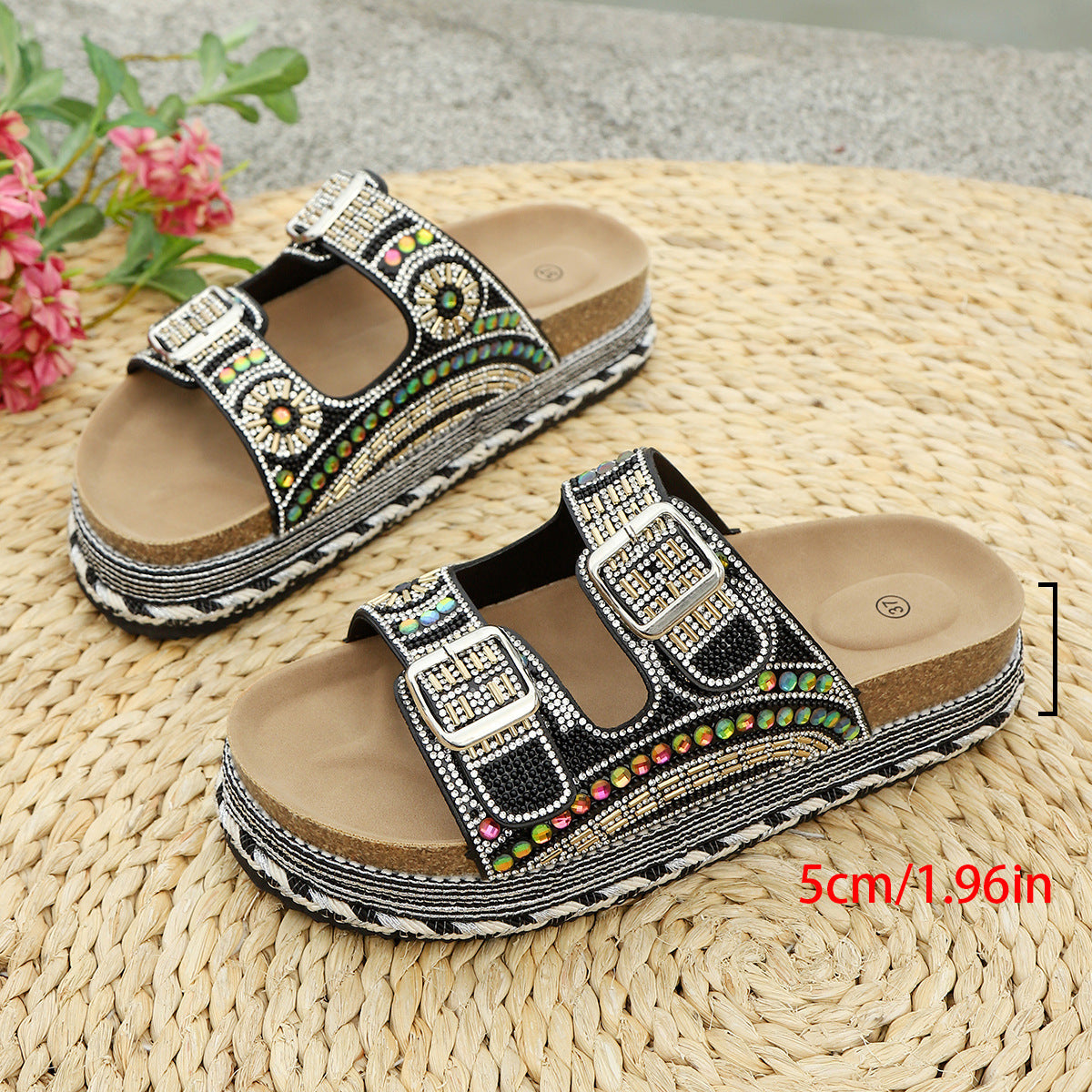 Beaded Double Buckle Platform Footbed Slides - Black
