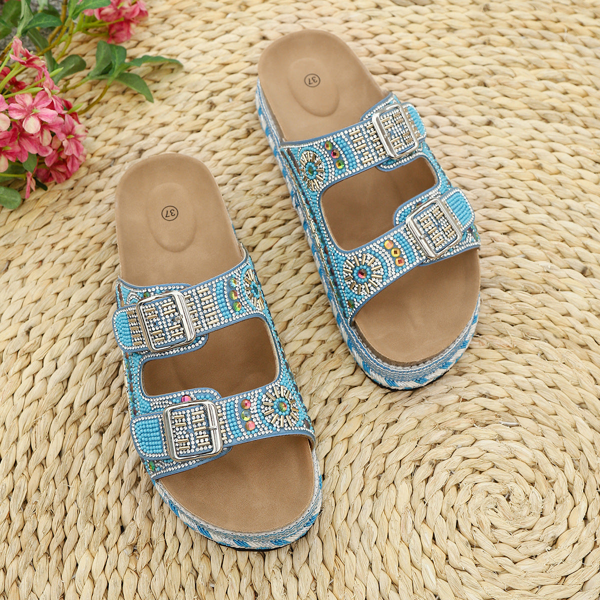 Beaded Double Buckle Platform Footbed Slides - Blue
