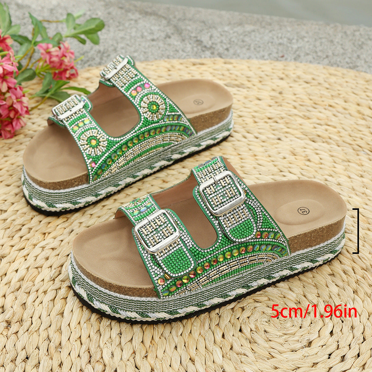 Beaded Double Buckle Platform Footbed Slides - Green