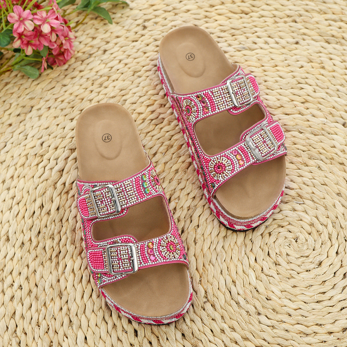 Beaded Double Buckle Platform Footbed Slides - Rose