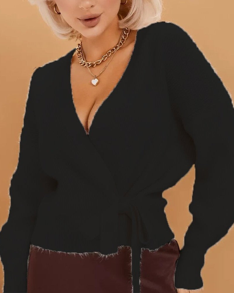 Wrap Front Tie Waist V Neck Sweater - Black