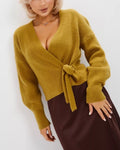 Wrap Front Tie Waist V Neck Sweater - Yellow