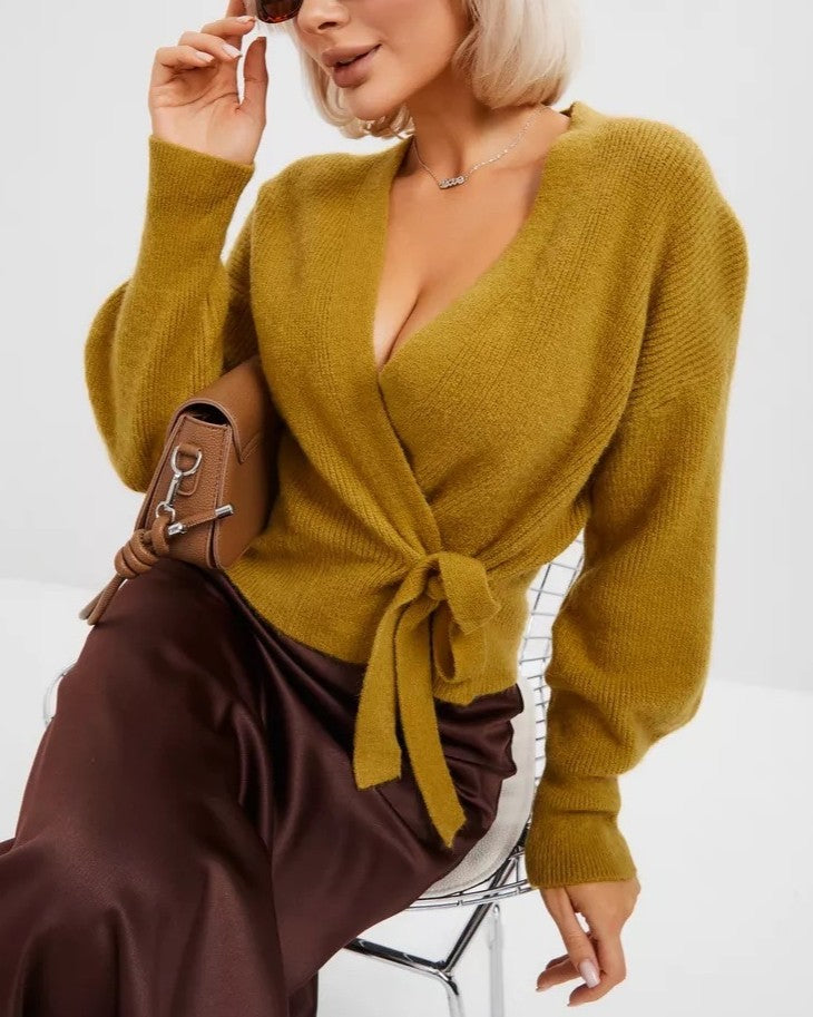 Wrap Front Tie Waist V Neck Sweater - Yellow - 2