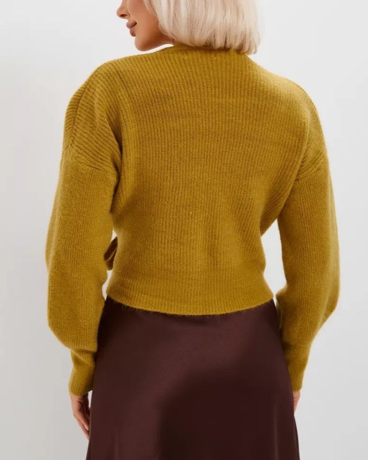 Wrap Front Tie Waist V Neck Sweater - Yellow - 3