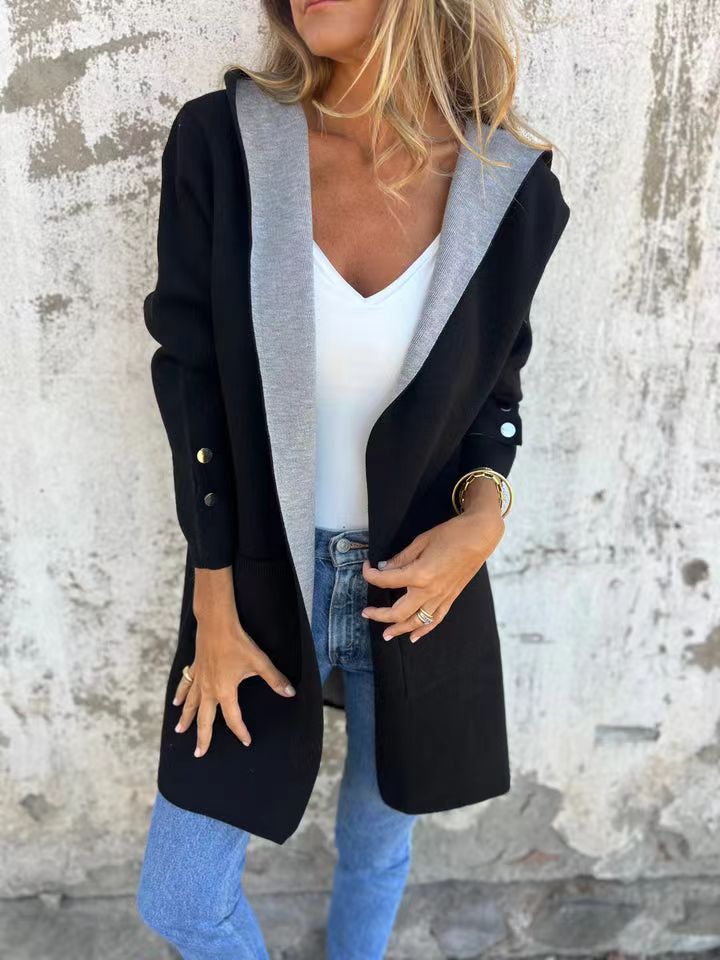 Longline Hooded Open Front Knit Jacket - Black