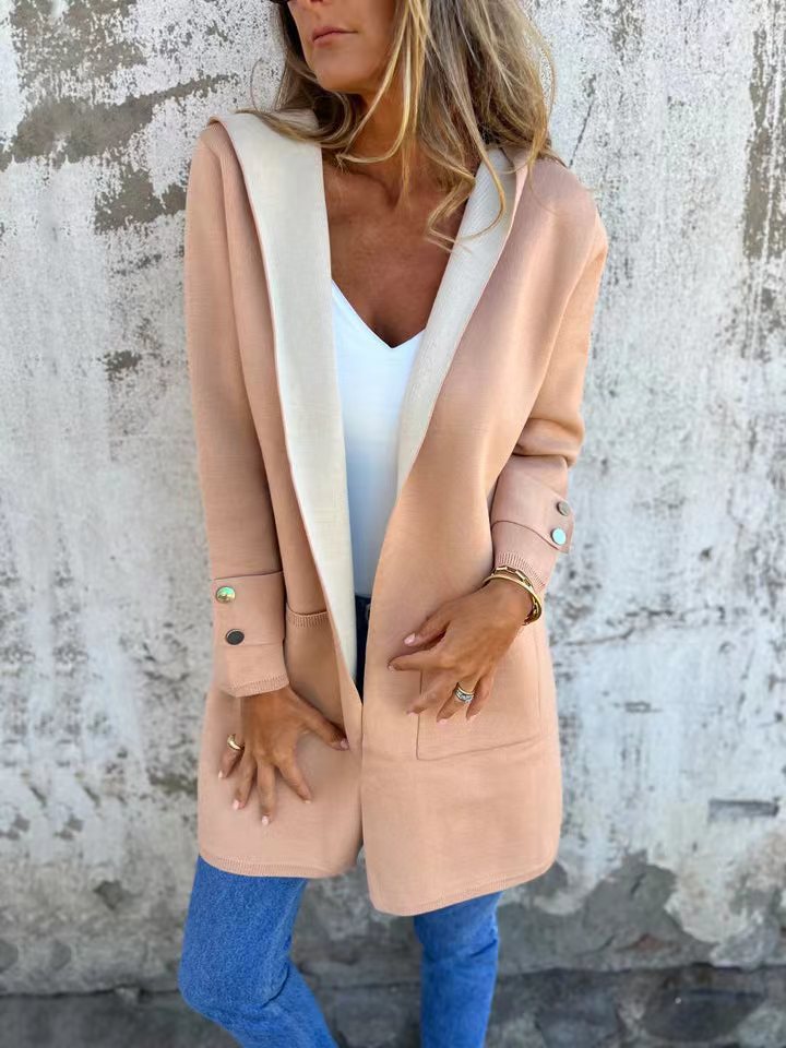 Longline Hooded Open Front Knit Jacket - Khaki
