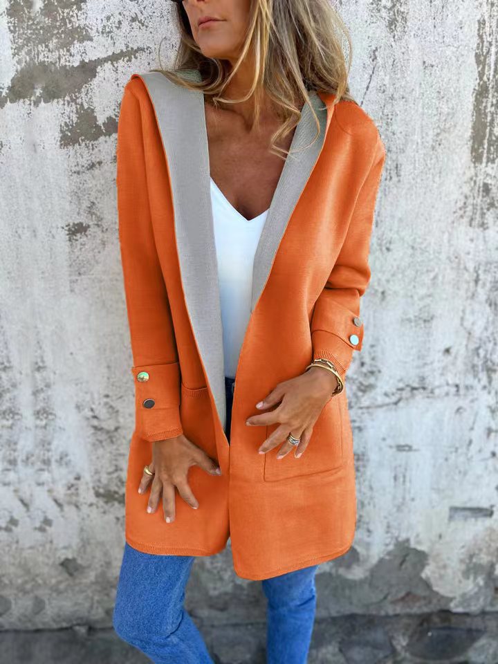 Longline Hooded Open Front Knit Jacket - Orange