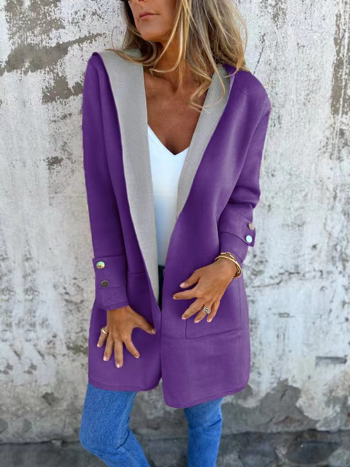 Longline Hooded Open Front Knit Jacket - Purple